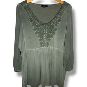 Bua Bua Top Size 1x Olive Green Peplum Ultra Soft Knit Laced Neck 3/4 Sleeve